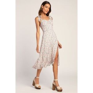 Lulus Floral Fete Ivory Floral Print Tie-strap Midi Dress White - Size M